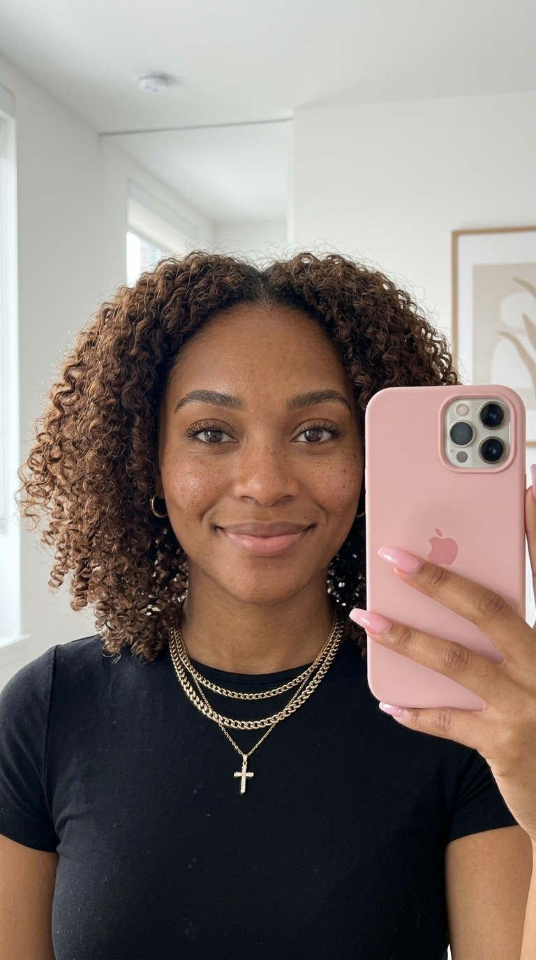 Modelo IA — selfie natural em ambiente claro