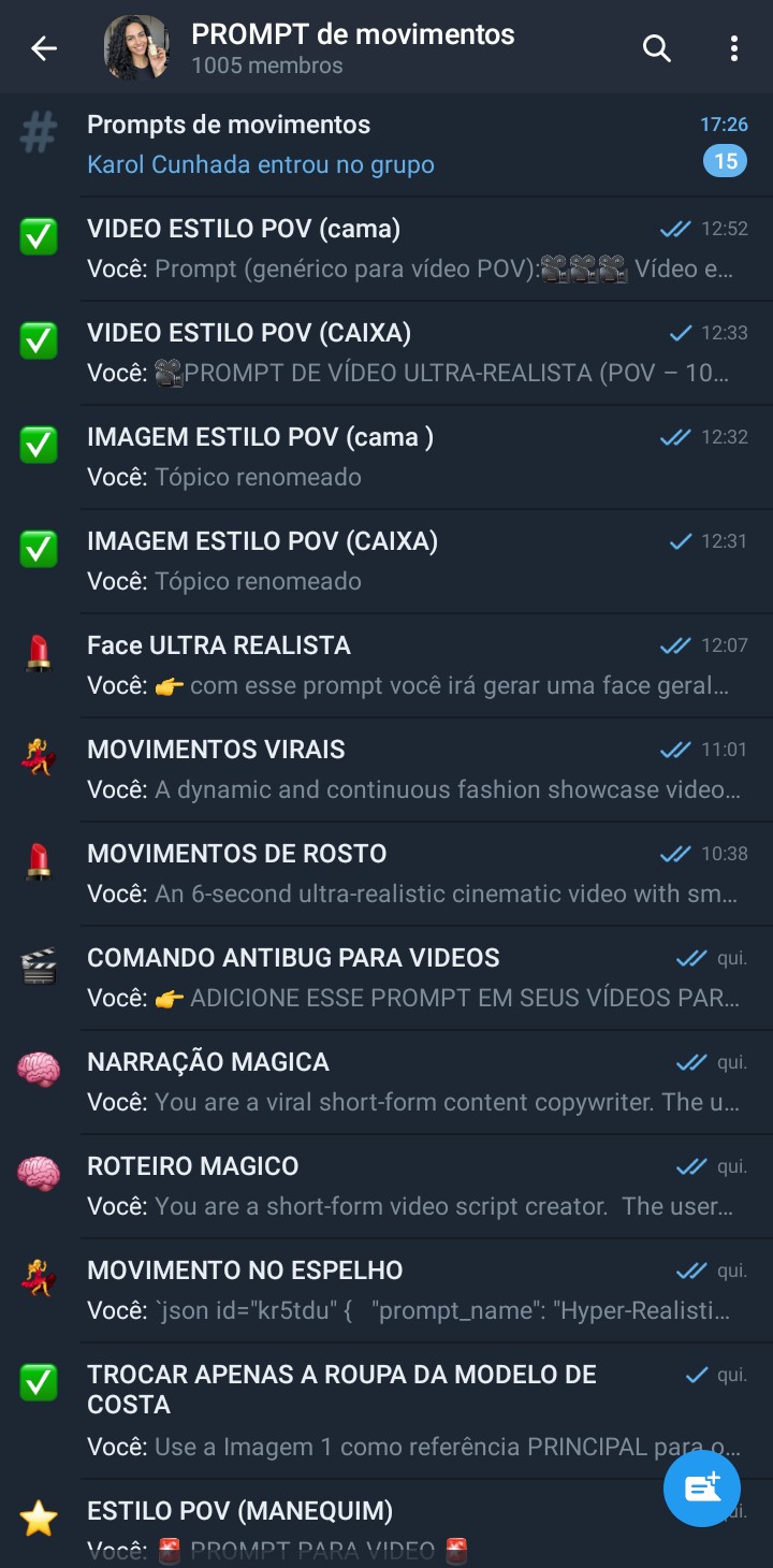 Grupo de prompts no Telegram organizado por categorias