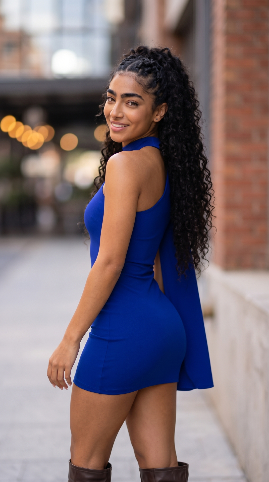 Modelo IA — vestido azul em cena urbana